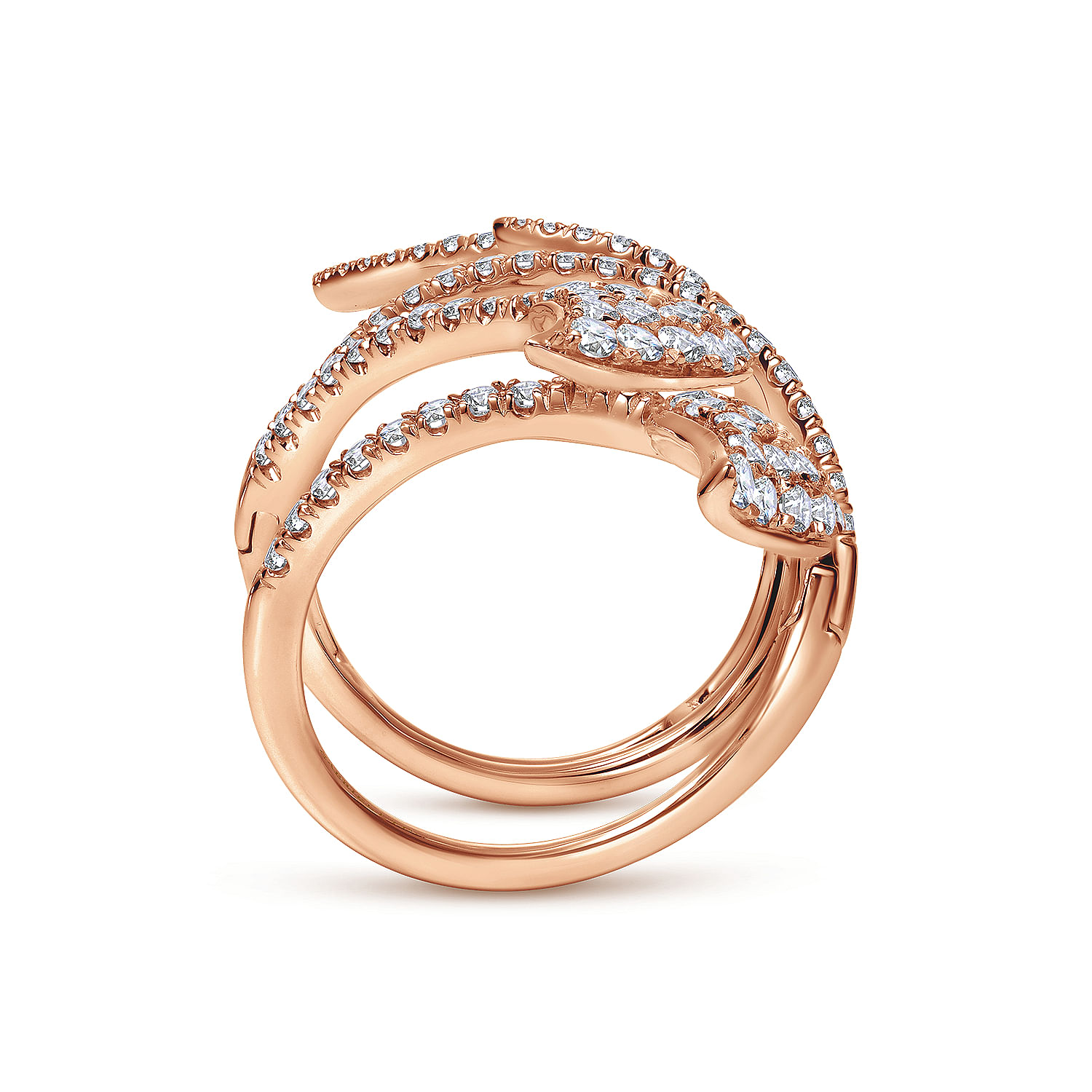 18K Rose Gold Long Wrapping Pavé Diamond Leaf Statement Ring