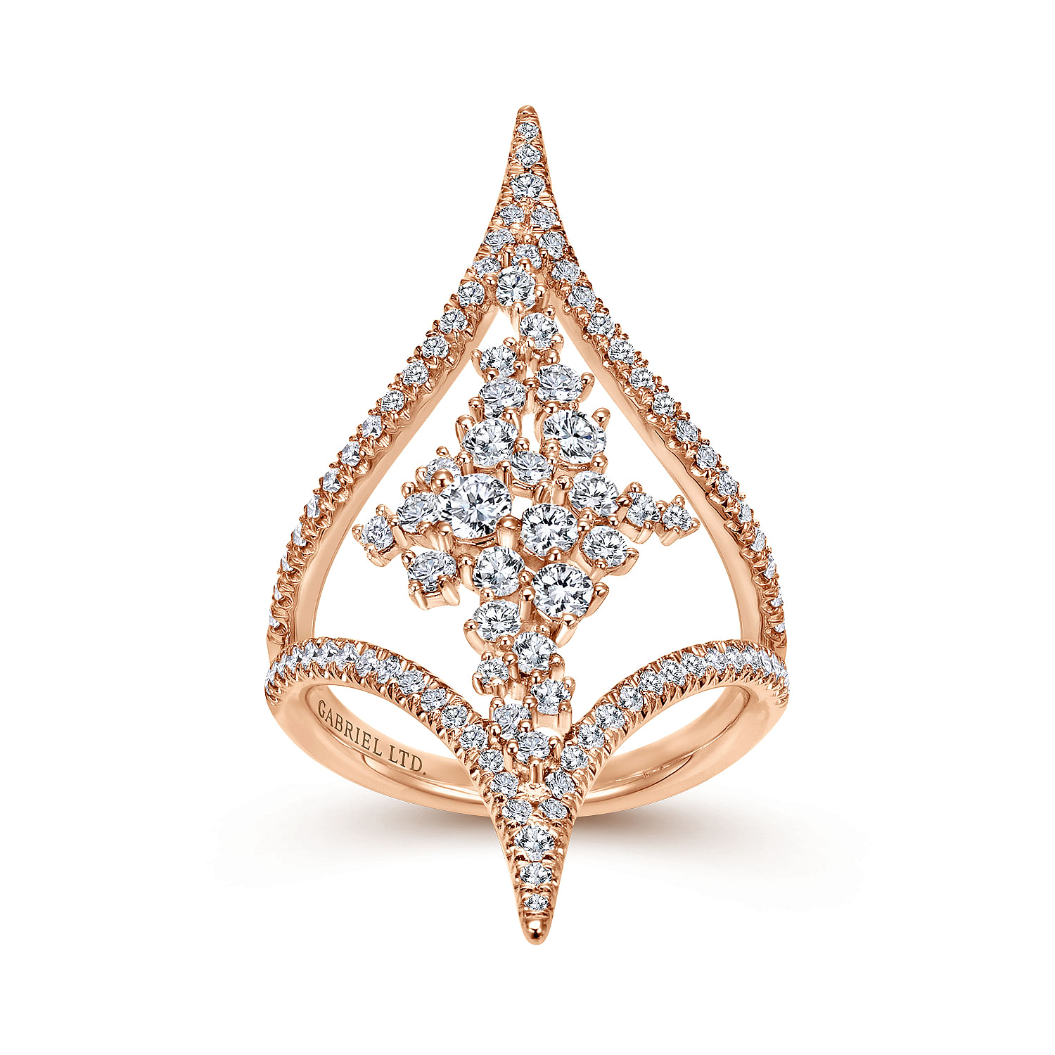 18K Rose Gold Pointed Ends Ring with Diamond Cluster Center