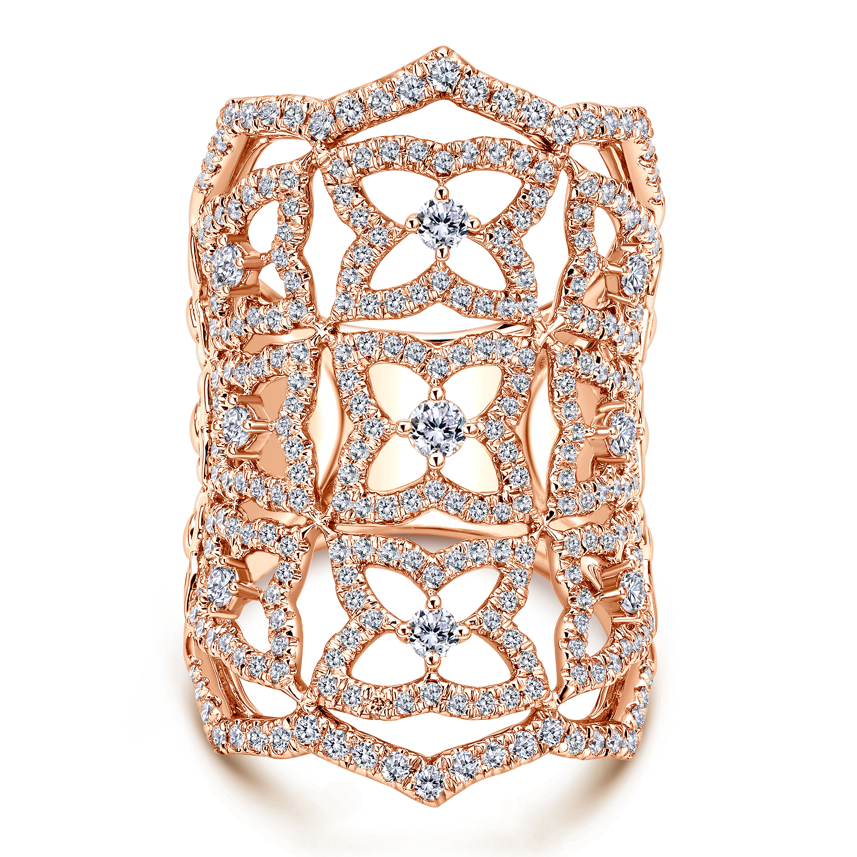 18K Rose Gold Wide Band Openwork Floral Pavé Diamond Armor Ring