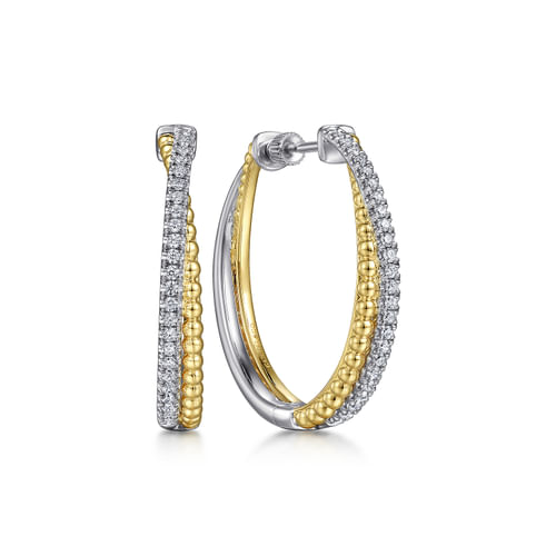 18K White & Yellow Gold Diamond Bujukan Intricate 35MM Hoop Earrings