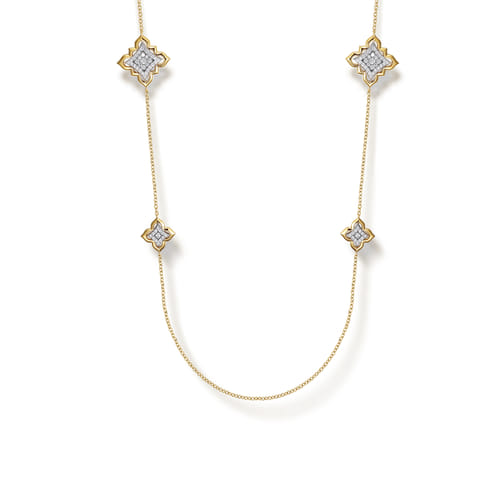 18K White & Yellow Gold Diamond Floral Station Necklace