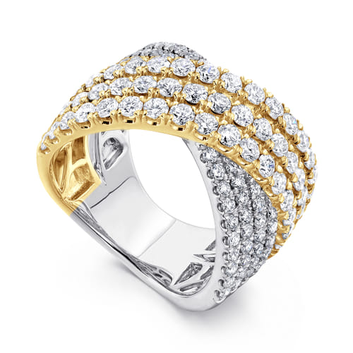 18K White & Yellow Gold Multi Row Diamond Criss Cross Ring