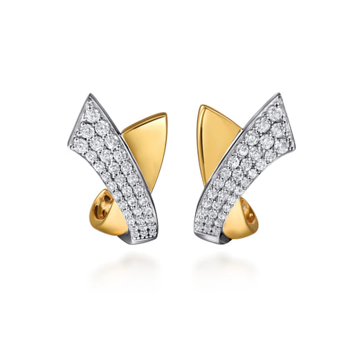 18K White & Yellow Gold Multi Row Graduating Diamond J Hoop Stud Earrings