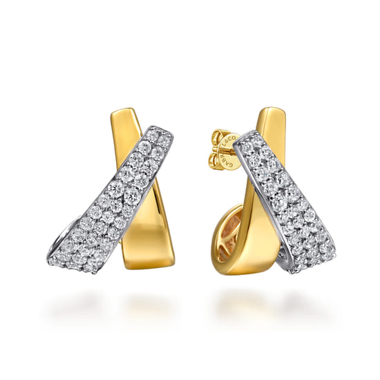Gabriel - 18K White & Yellow Gold Multi Row Graduating Diamond J Hoop Stud Earrings