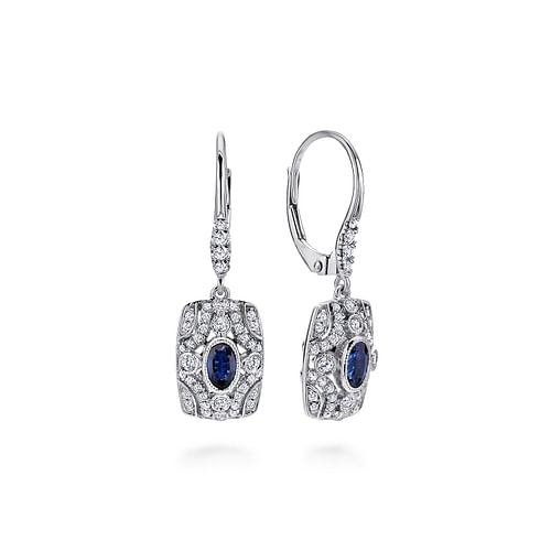 18K White Gold Art Deco Sapphire and Diamond Leverback Earrings