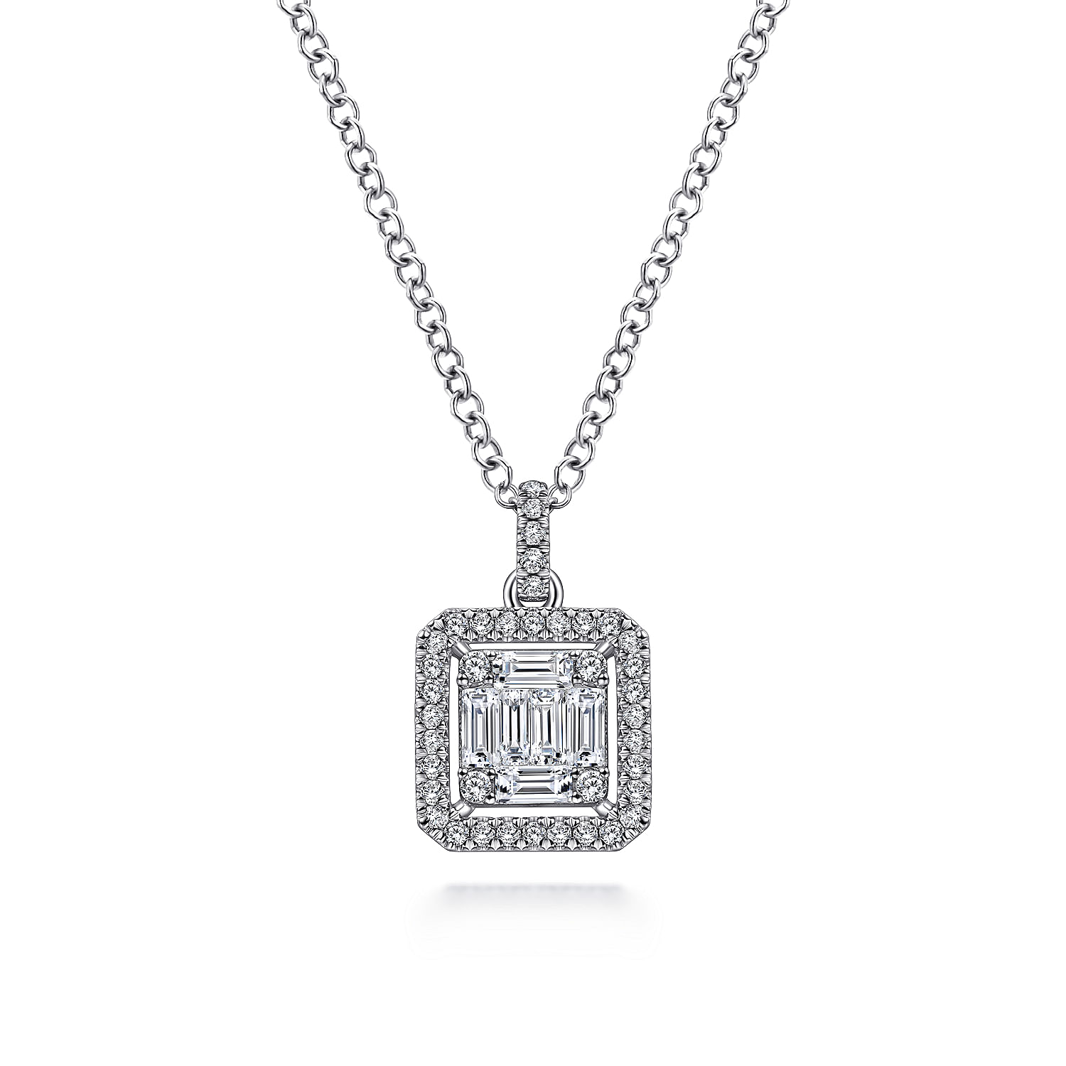 18K White Gold Baguette and Round Diamond Square Pendant Necklace