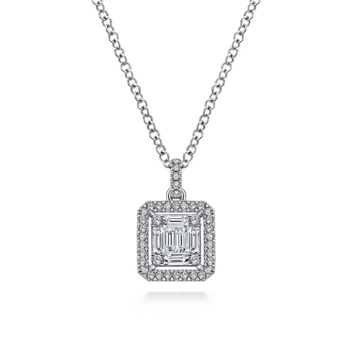 18K White Gold Baguette and Round Diamond Square Pendant Necklace