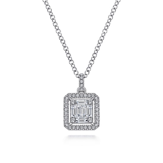Gabriel - 18K White Gold Baguette and Round Diamond Square Pendant Necklace