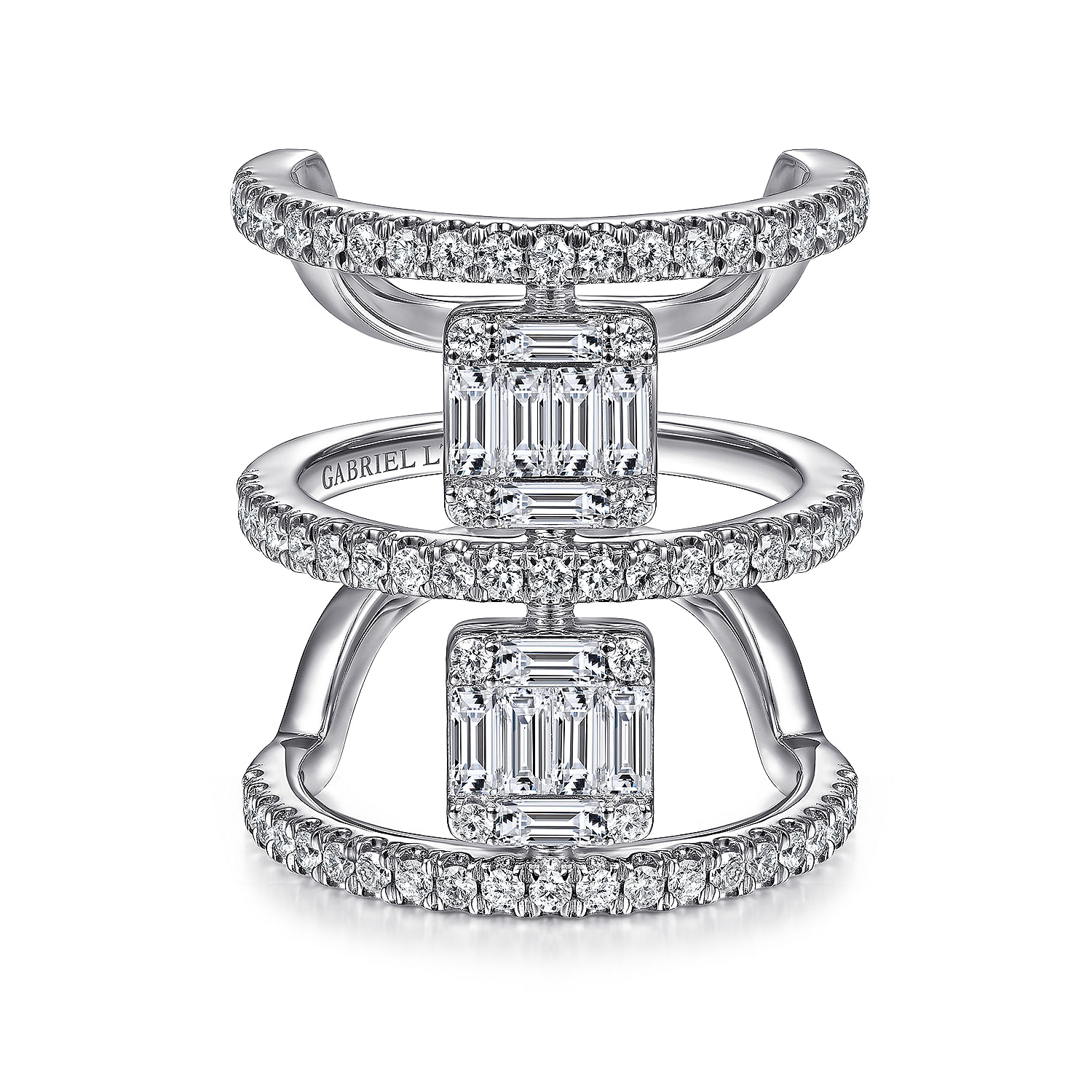 Gabriel - 18K White Gold Baguette and Round Diamond Wide Three Row Ring