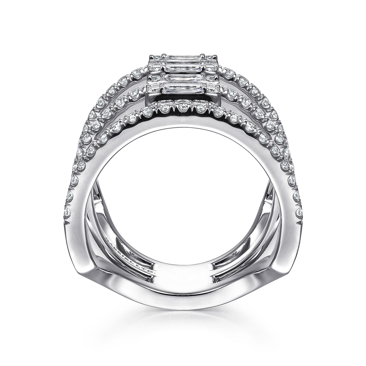 18K White Gold Baguette and Round Diamond Wide Three Row Ring