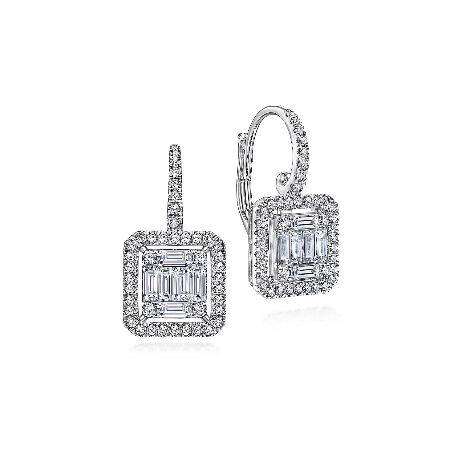 18K White Gold Baguette and Round Leverback Earrings