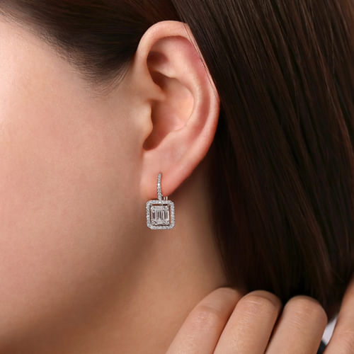 18K White Gold Baguette and Round Leverback Earrings
