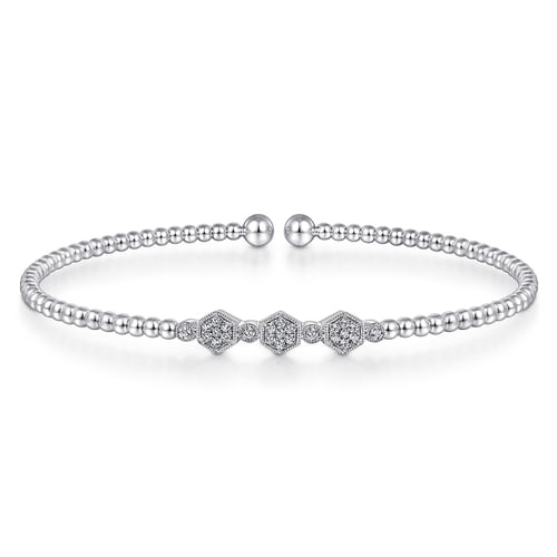 18K White Gold Bujukan Bead Cuff Bracelet with Cluster Diamond Hexagon Stations