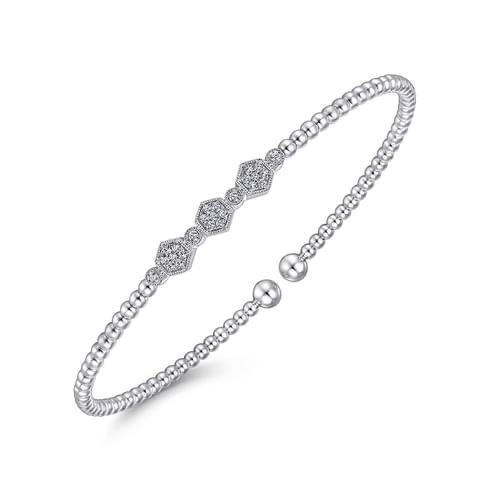 18K White Gold Bujukan Bead Cuff Bracelet with Cluster Diamond Hexagon Stations