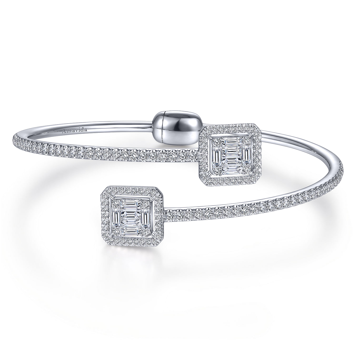 18K White Gold Bypass Bangle with Baguette and Round Diamonds