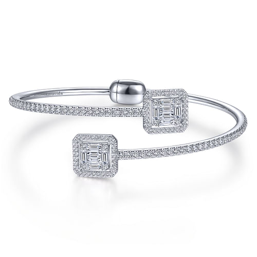 18K White Gold Bypass Bangle with Baguette and Round Diamonds