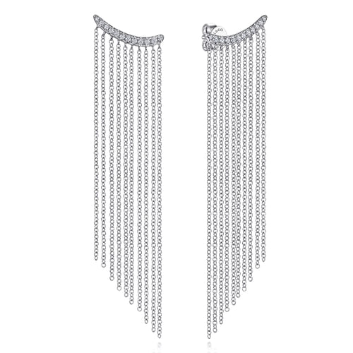 18K White Gold Cascading Chain and Curved Diamond Stud Earrings