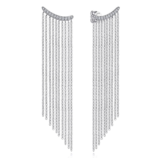 Gabriel - 18K White Gold Cascading Chain and Curved Diamond Stud Earrings