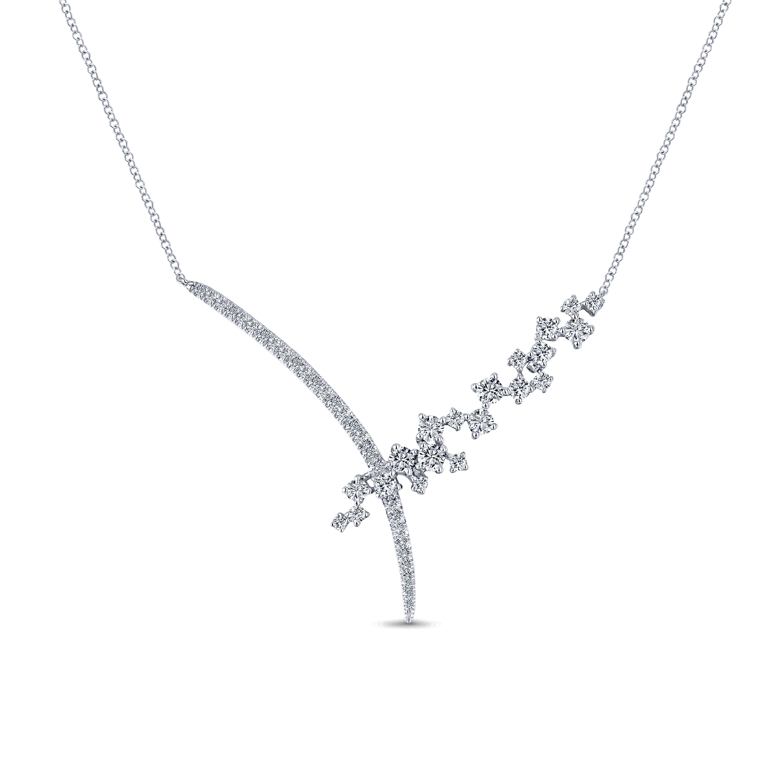 18K White Gold Criss Crossing Diamond Cluster Lariat Necklace