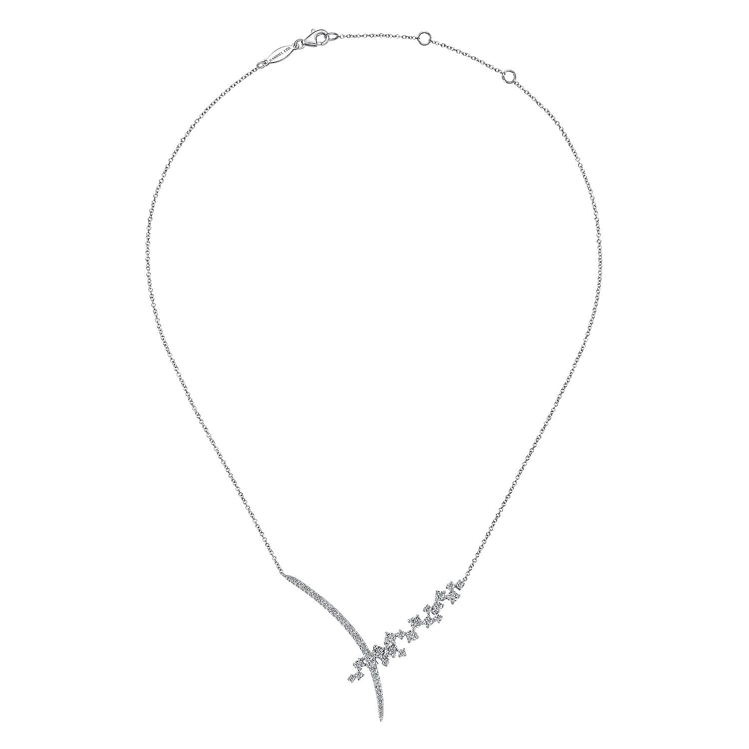 18K White Gold Criss Crossing Diamond Cluster Lariat Necklace
