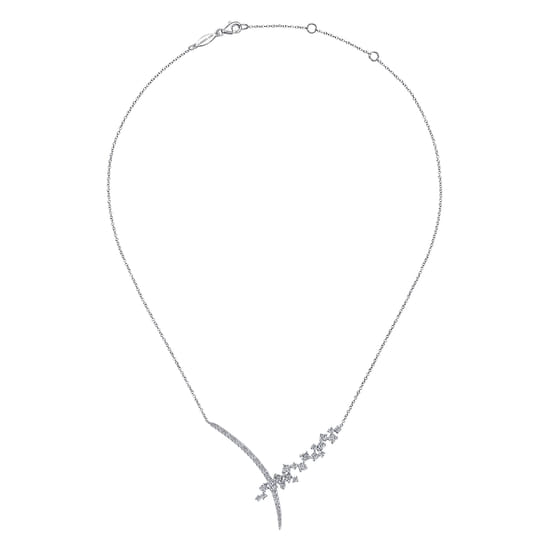18K White Gold Criss Crossing Diamond Cluster Lariat Necklace angle 2 18K White Gold Criss Crossing Diamond Cluster Lariat Necklace angle 2