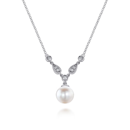 18K White Gold Cultured Pearl and Diamond Accent Necklace