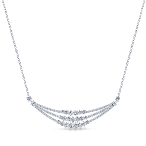 18K White Gold Curved Triple Diamond Bar Necklace