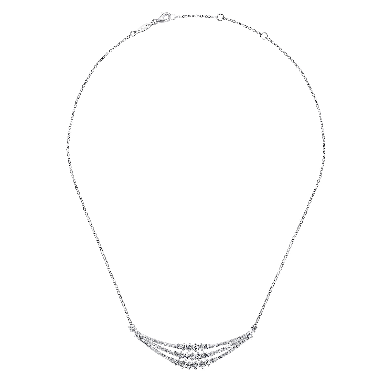 18K White Gold Curved Triple Diamond Bar Necklace