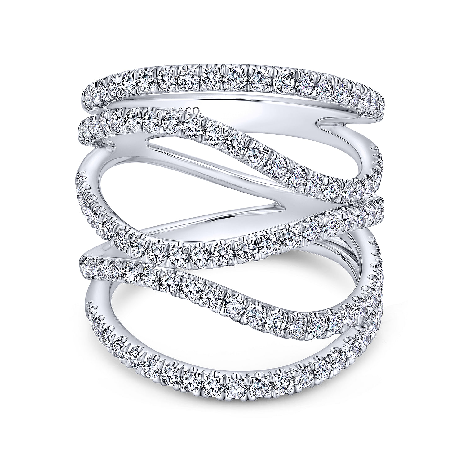 18K White Gold Curving Layered Wide Band Diamond Ring