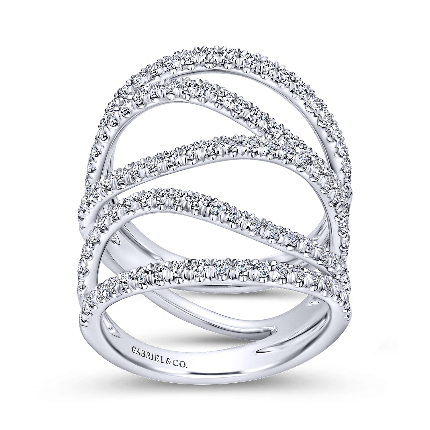 18K White Gold Curving Layered Wide Band Diamond Ring