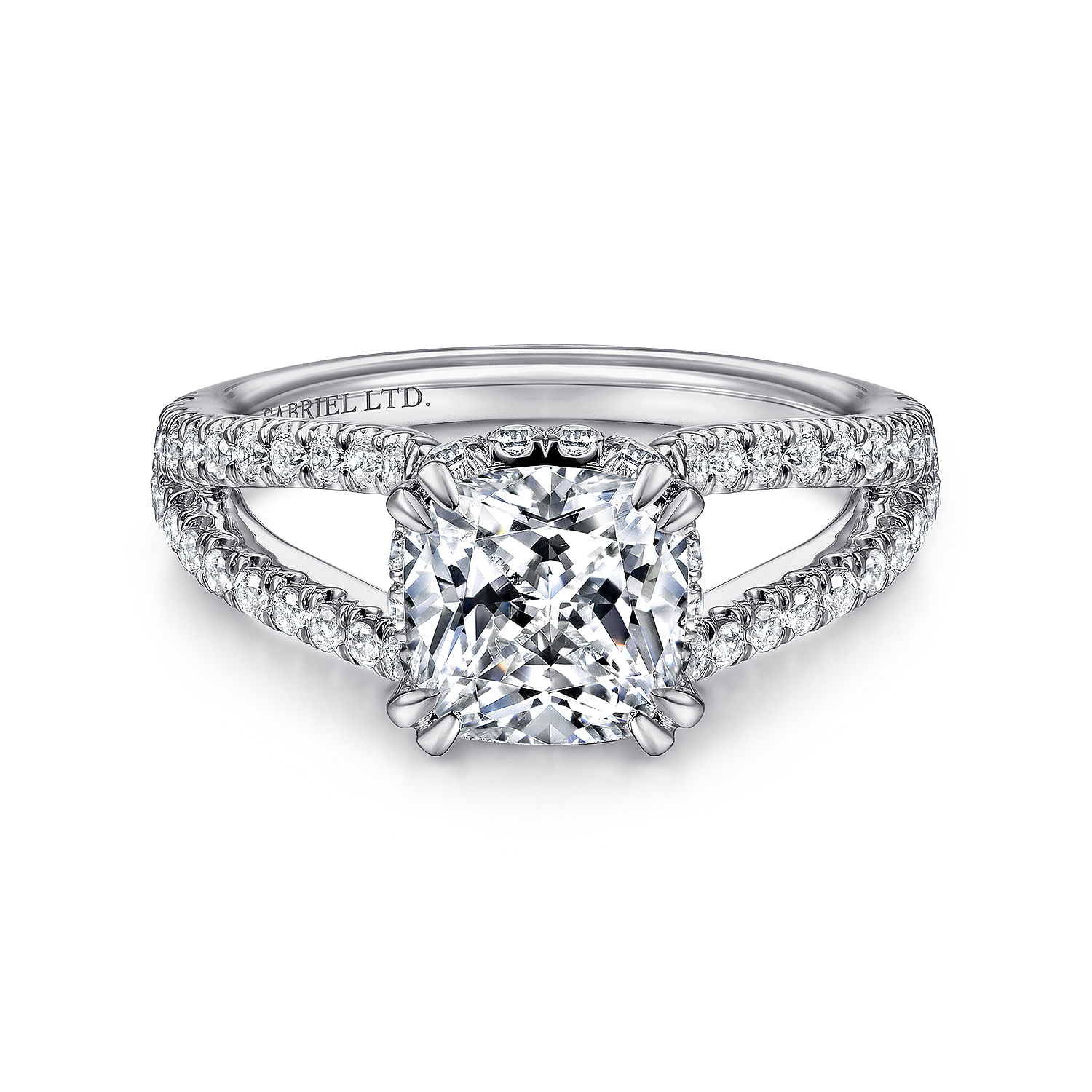 Gabriel - 18K White Gold Cushion Cut Split Shank Diamond Engagement Ring
