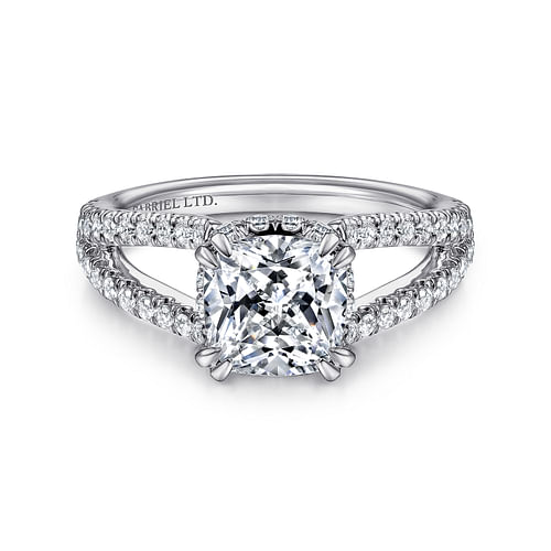 18K White Gold Cushion Cut Split Shank Diamond Engagement Ring