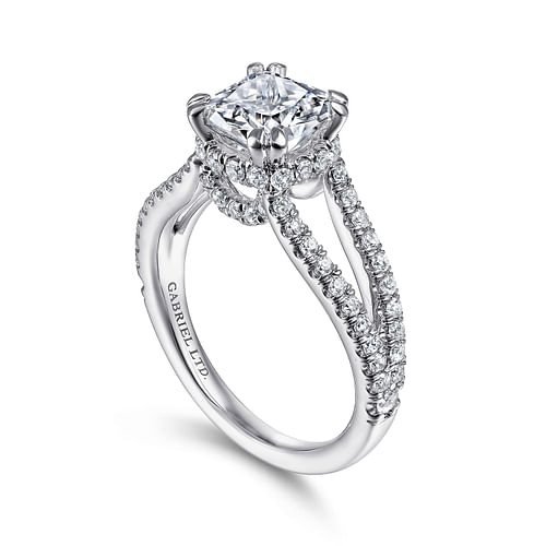 18K White Gold Cushion Cut Split Shank Diamond Engagement Ring