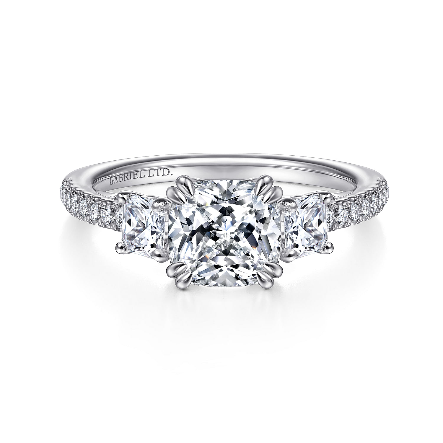 Gabriel - 18K White Gold Cushion Cut Three Stone Diamond Engagement Ring