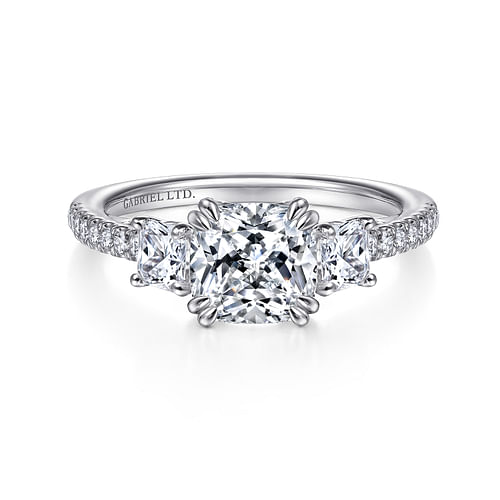 18K White Gold Cushion Cut Three Stone Diamond Engagement Ring