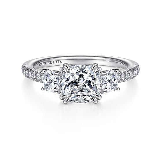 Gabriel - 18K White Gold Cushion Cut Three Stone Diamond Engagement Ring