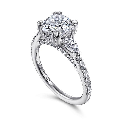 18K White Gold Cushion Cut Three Stone Diamond Engagement Ring