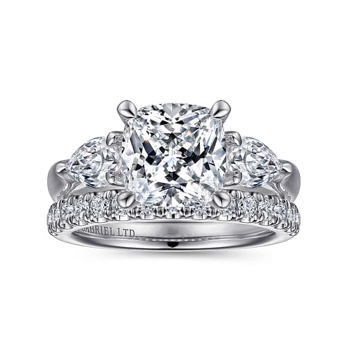 18K White Gold Cushion Cut Three Stone Diamond Engagement Ring