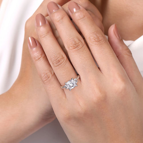 18K White Gold Cushion Cut Three Stone Diamond Engagement Ring