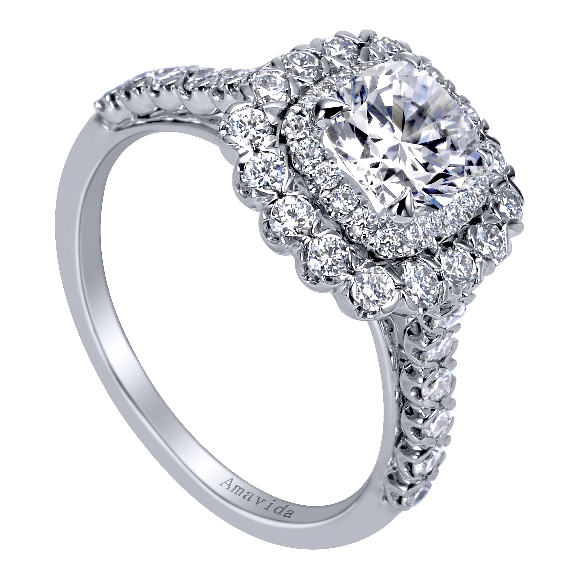 18K White Gold Cushion Double Halo Diamond Engagement Ring
