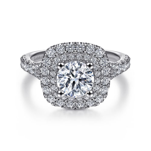 18K White Gold Cushion Double Halo Round Diamond Engagement Ring