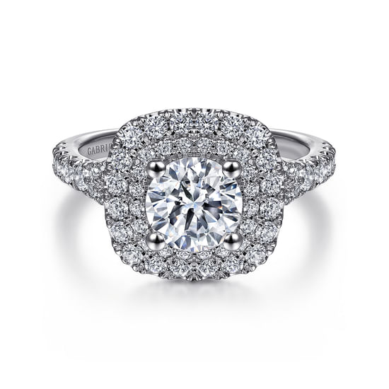 Gabriel - 18K White Gold Cushion Double Halo Round Diamond Engagement Ring