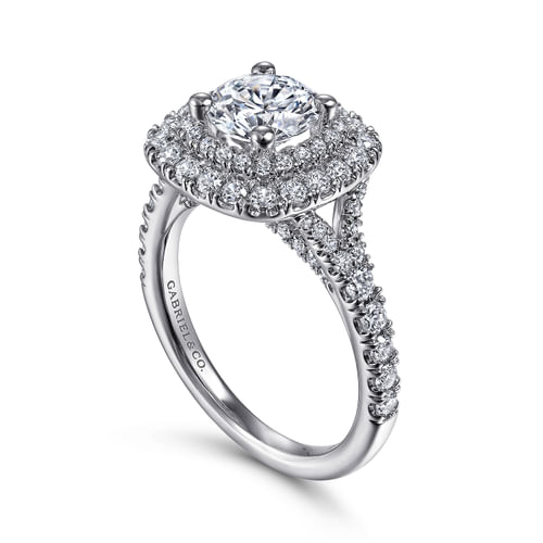 18K White Gold Cushion Double Halo Round Diamond Engagement Ring