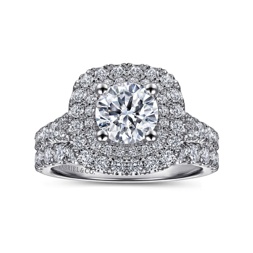 18K White Gold Cushion Double Halo Round Diamond Engagement Ring