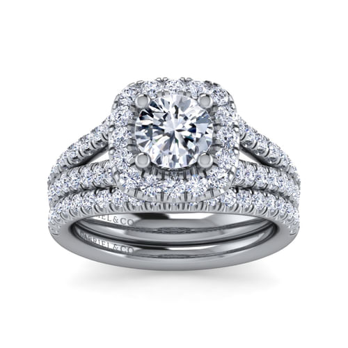 18K White Gold Cushion Halo Round Diamond Engagement Ring