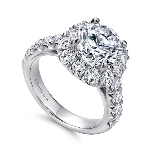 18K White Gold Cushion Halo Round Diamond Engagement Ring
