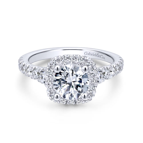 18K White Gold Cushion Halo Round Diamond Engagement Ring
