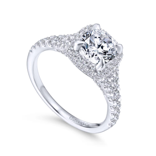 18K White Gold Cushion Halo Round Diamond Engagement Ring
