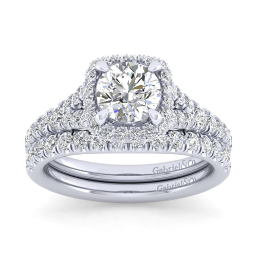 18K White Gold Cushion Halo Round Diamond Engagement Ring