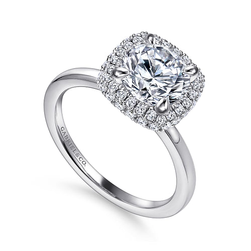 18K White Gold Cushion Halo Round Diamond Engagement Ring